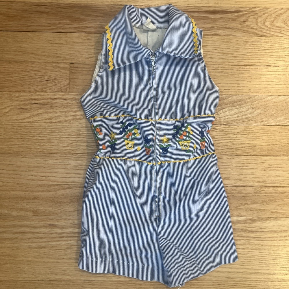 Vintage King Kole 4T Striped Embroidered Floral Romper RARE